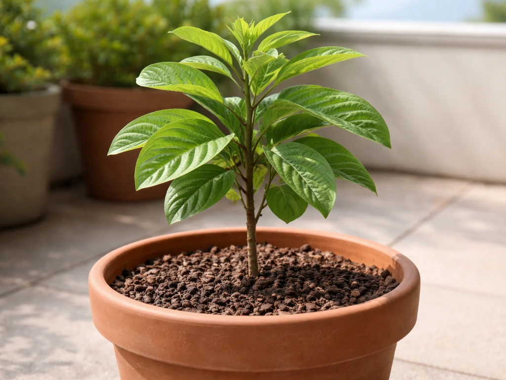 Healthy custard apple tree growing in a large pot on a sunny patio with green leaves