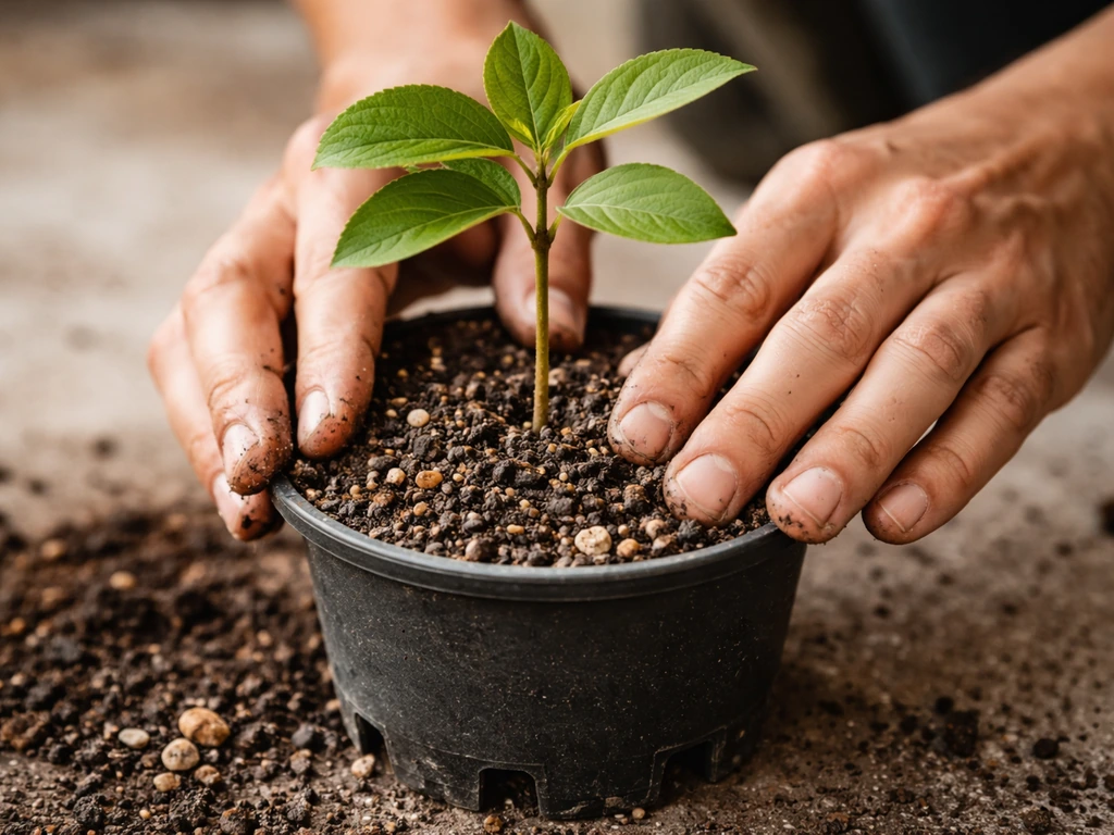 Close-up of a young custard apple sapling being potted in a container with drainage holes