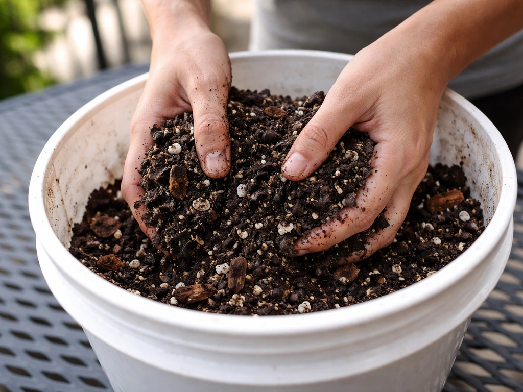 Hands mixing dark soil with perlite and bark-like material in a bucket for drainage and air.