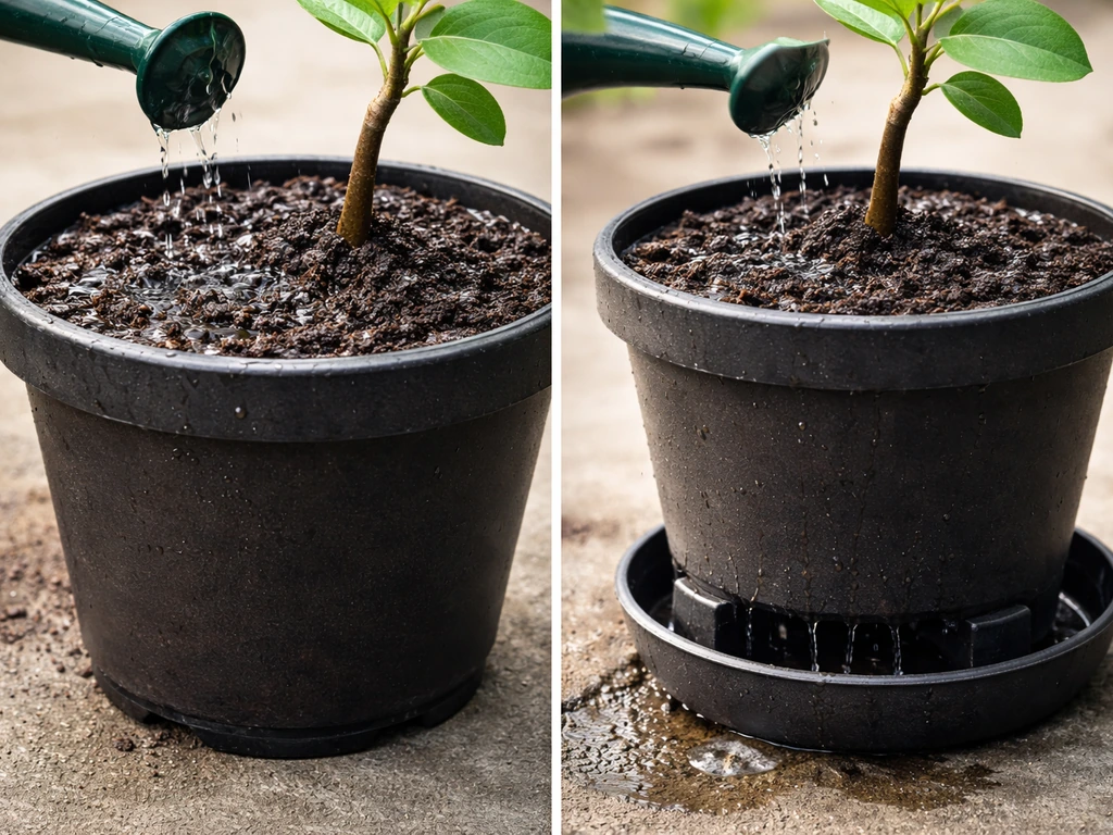 Potted custard apple tree being watered; soil just after watering and water draining from the bottom.