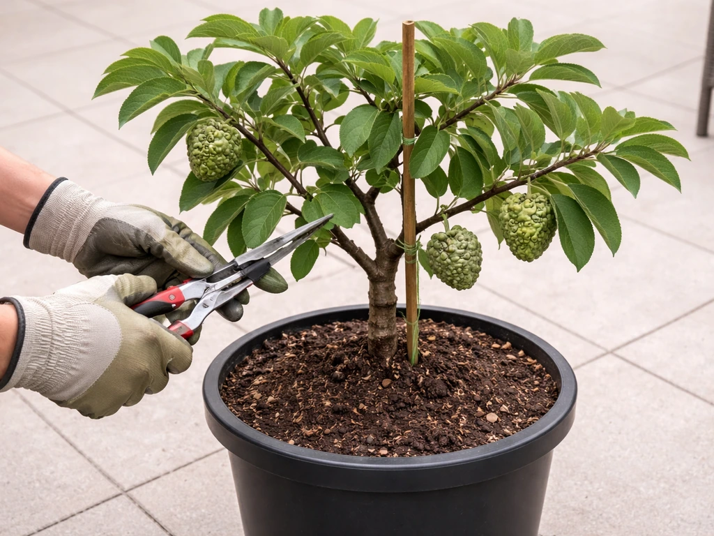 Gloved hands pruning and tying a compact container custard apple tree to keep it low and productive.
