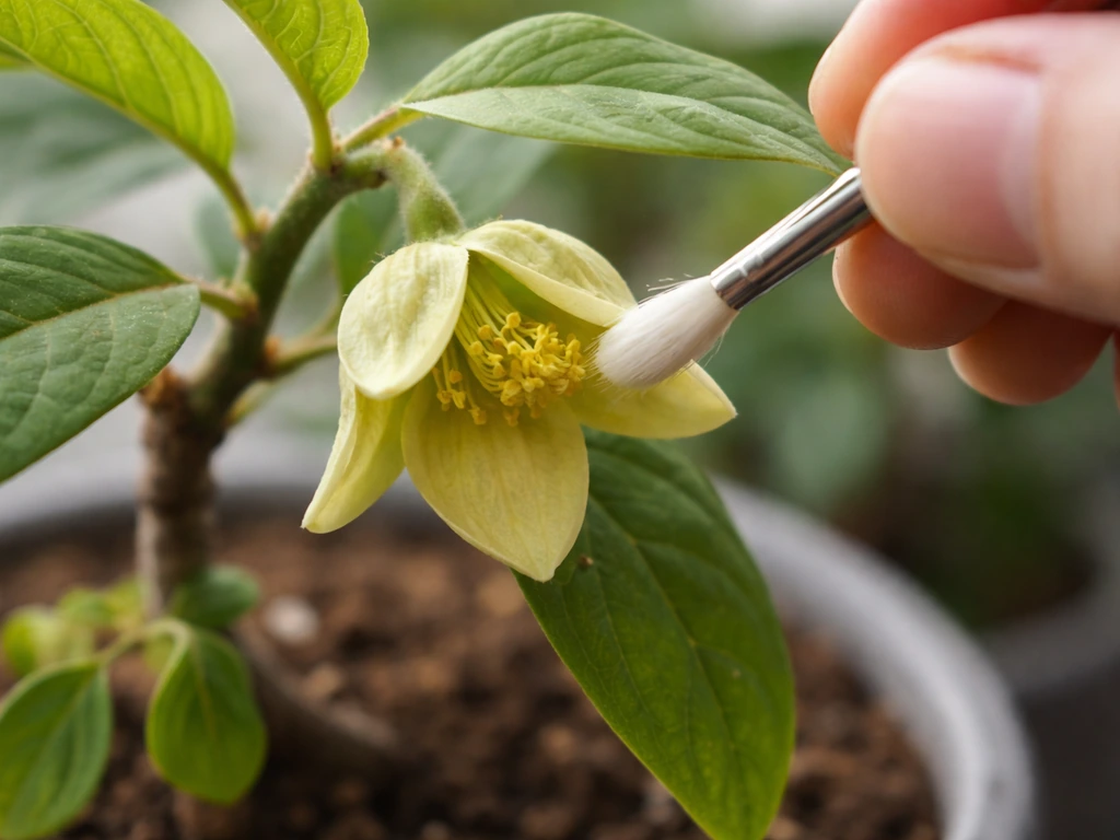 Close-up of a custard apple flower as a small soft paintbrush transfers pollen for hand-pollination.
