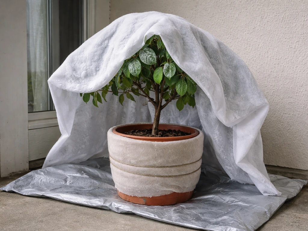 Potted custard apple tree moved to a sheltered frost-free corner indoors at winter.