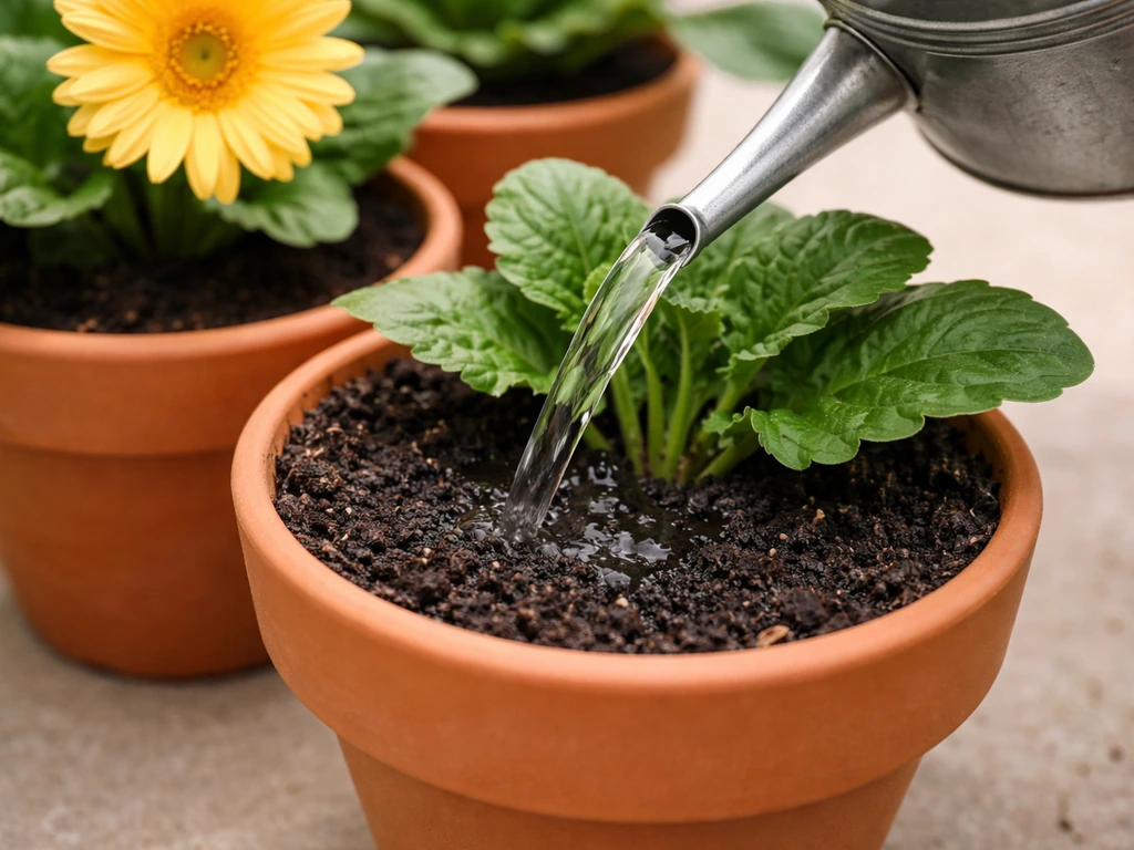 Hand watering geranium pots at the soil base, crown line visible, leaves kept dry.