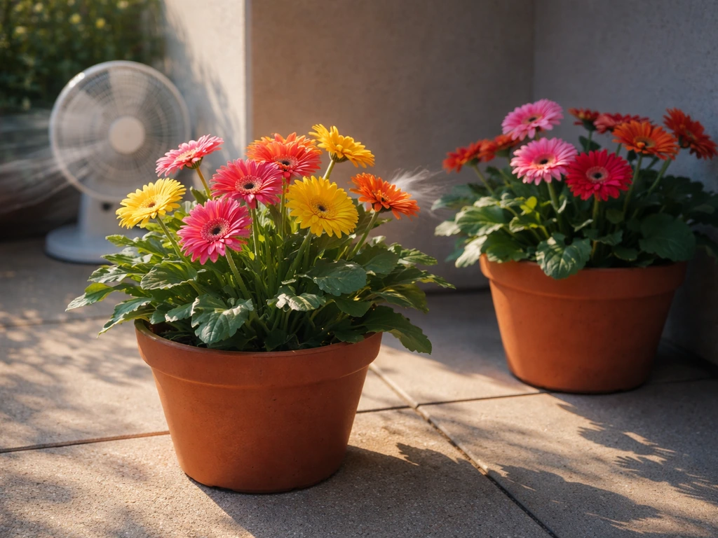 Potted gerbera plants on a patio with sunlit warmth, cooler shade, and a nearby airflow source.