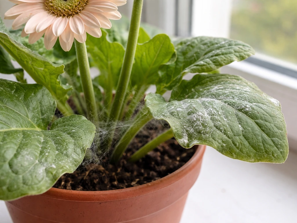 Close-up of a gerbera plant with powdery mildew on leaves and faint spider-mite webbing.