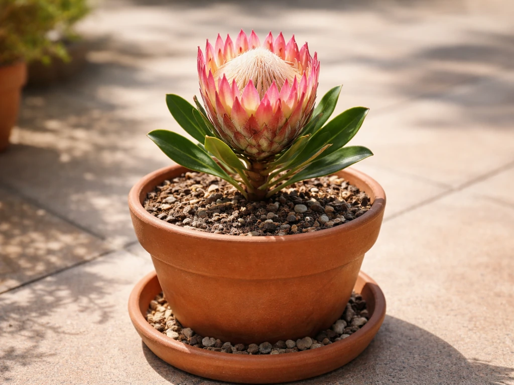 Potted protea in bloom on a sunny patio with visible gritty soil and drainage setup.