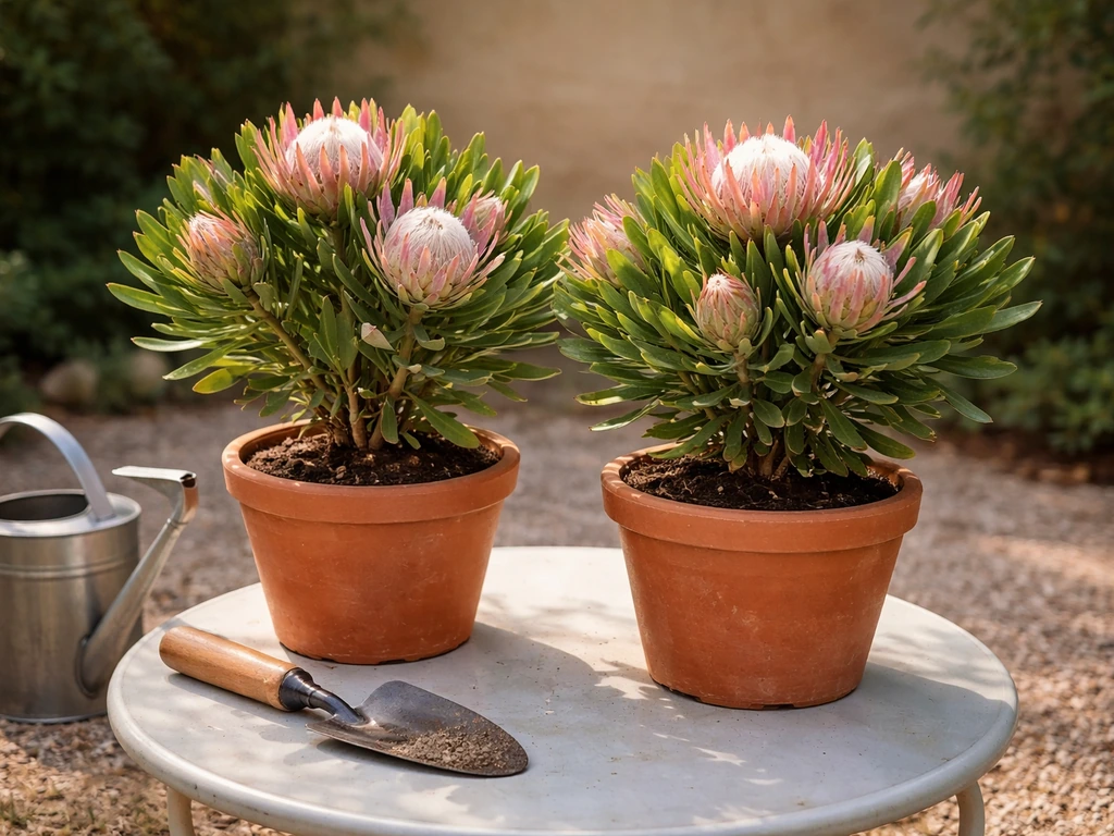 Two compact protea shrubs in terracotta pots on a patio table with a trowel and watering can.
