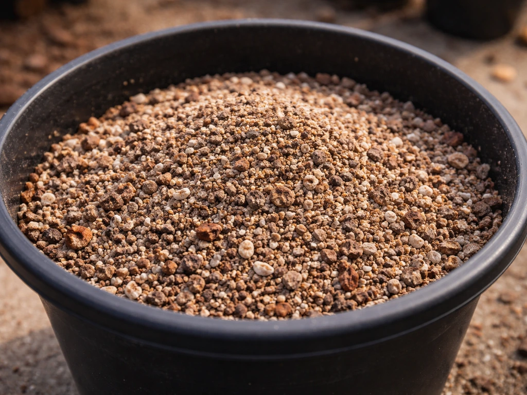 Gritty protea potting mix and amendments in a bucket, showing coarse low-moisture texture.