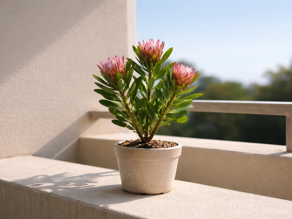 Potted protea on a balcony in strong direct sunlight, with clear shadows showing bright all-day exposure