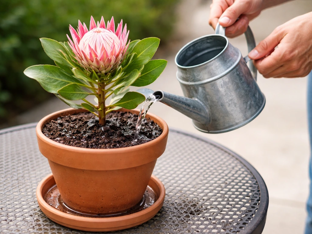 Hands watering potted protea with a watering can; soil drains with small visible runoff.