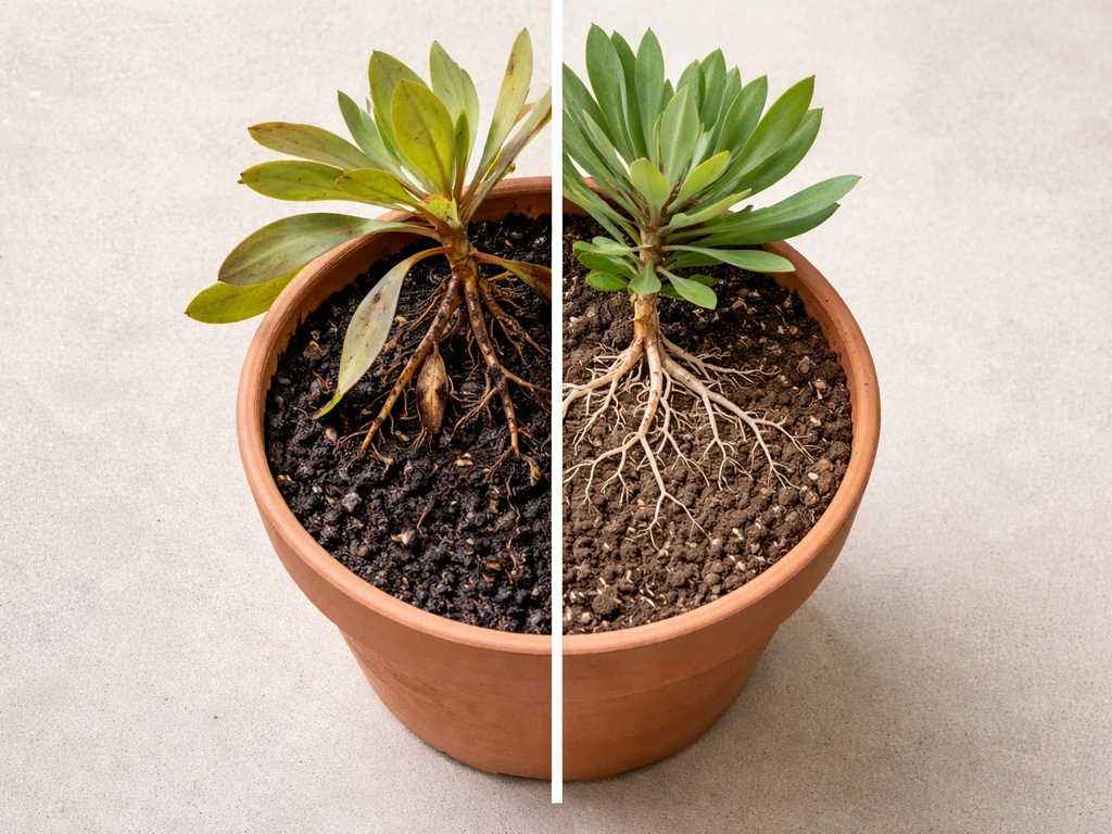 Split image look: potted plant soil looks soggy on one side vs healthy on the other, with drooping roots vs firm roots.