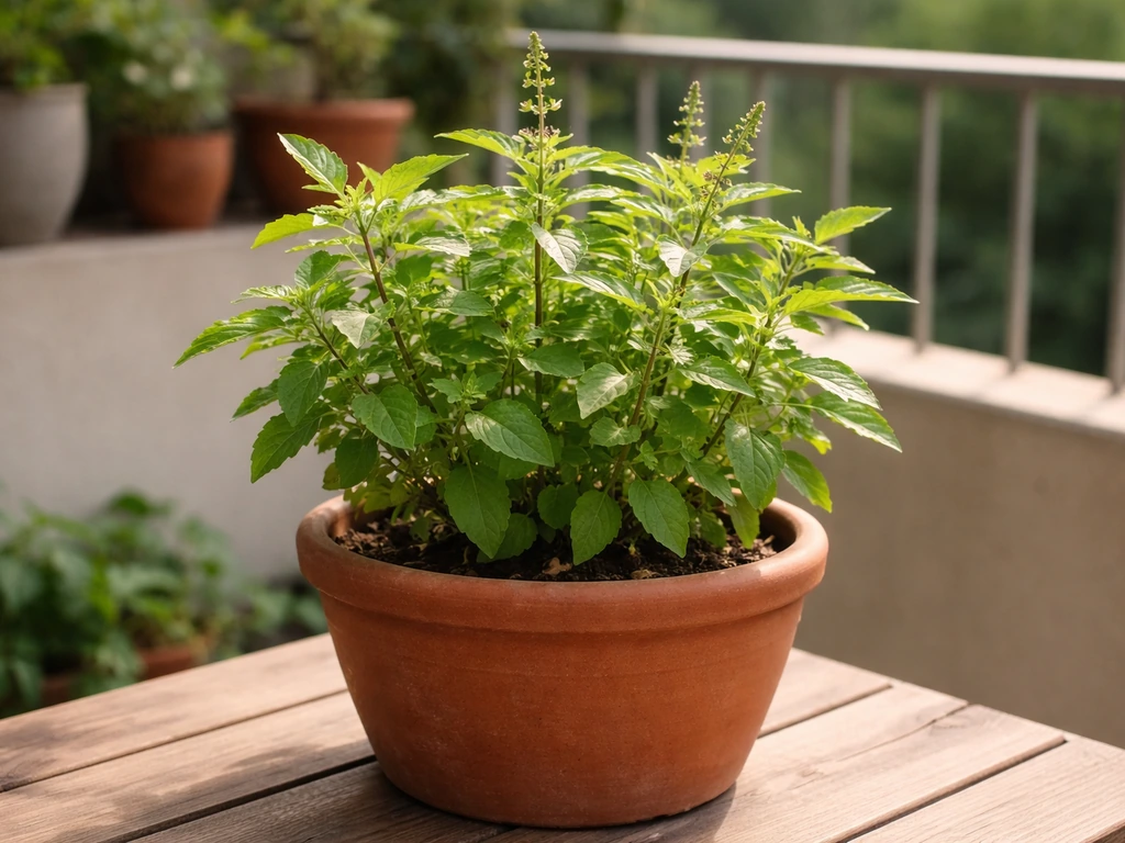 Healthy tulsi plant in a medium terracotta pot on a sunlit balcony, green leaves and stems clearly visible.