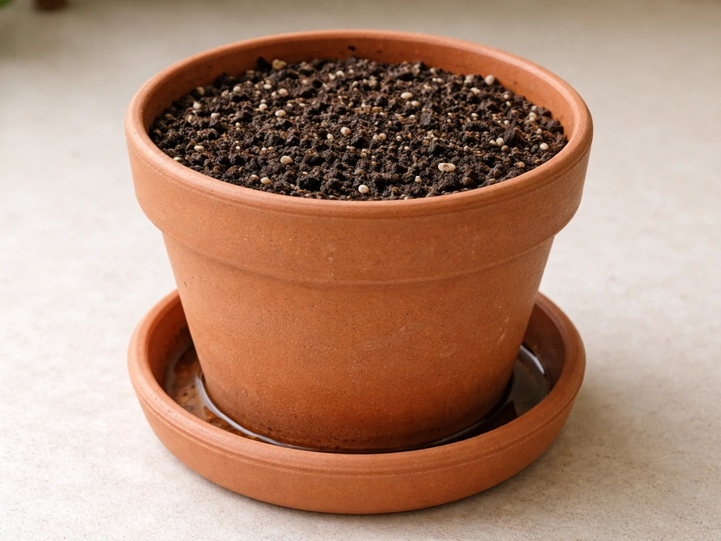 Close-up of an 8-inch pot with drainage holes and saucer, showing soil not waterlogged and pooling avoided.