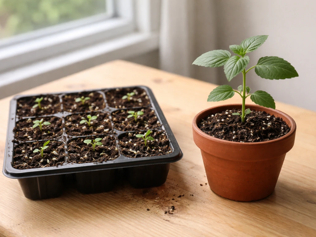Two small tulsi start options in separate pots: tiny seedling sprouts and a potted sapling, side by side.