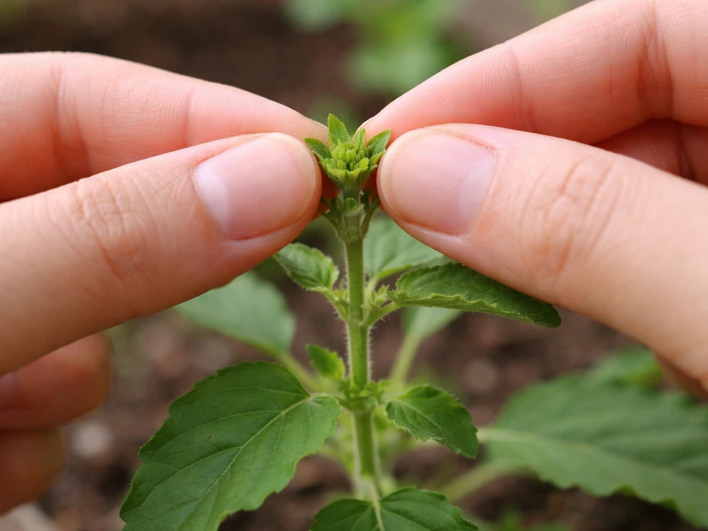 Fingertips pinching the top of a tulsi stem, showing fresh leaf nodes for bushy growth