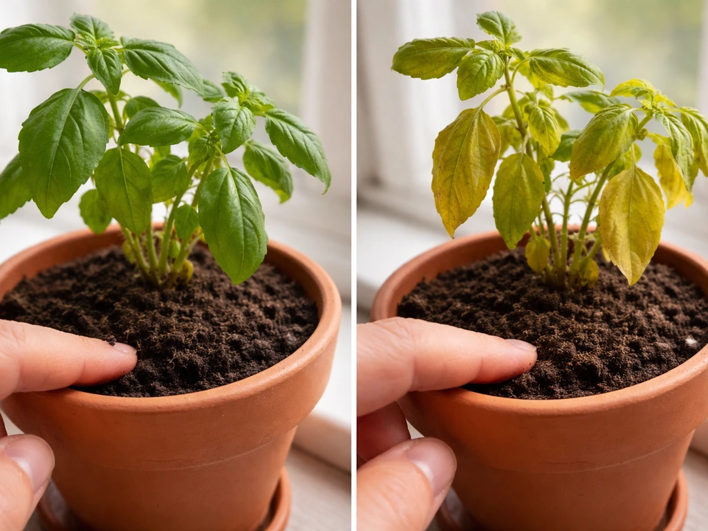 Tulsi plant in a pot with healthy green leaves vs drooping yellow leaves and damp soil check