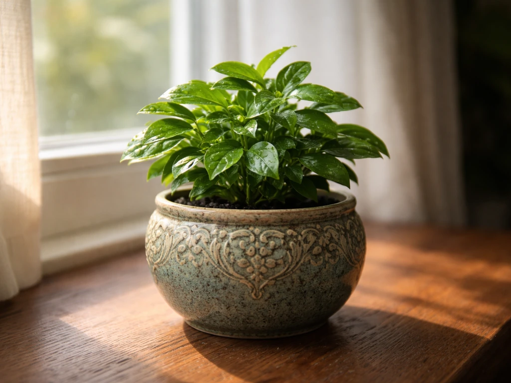 Lush small plant growing in a decorative Serenitea pot on a bright windowsill