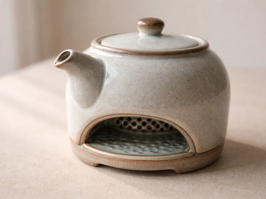 Close-up of a compact ceramic Serenitea-style planter, highlighting its drainage/liner area and vessel shape.