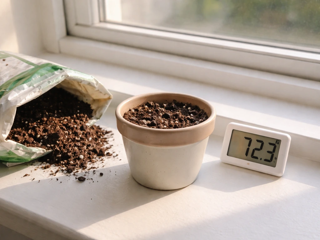 Ceramic plant pot near a bright window with soil and a small thermometer showing room temperature.
