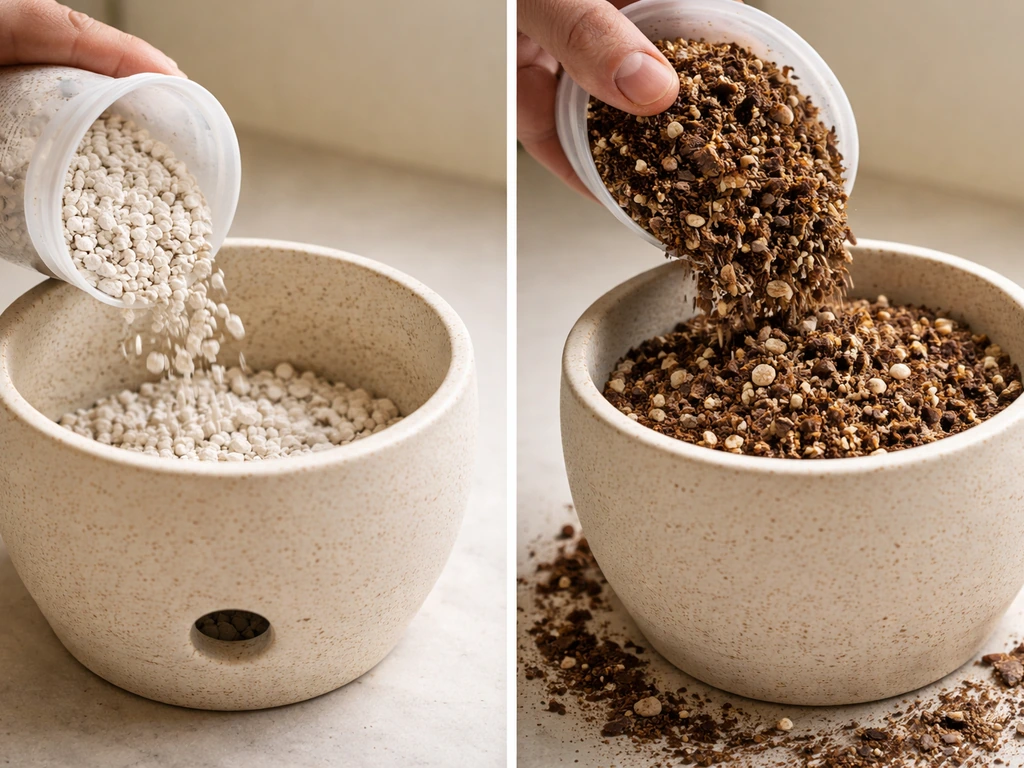 Hands add perlite and a fluffy soil mix into a pot with a visible drainage hole, no garden soil.