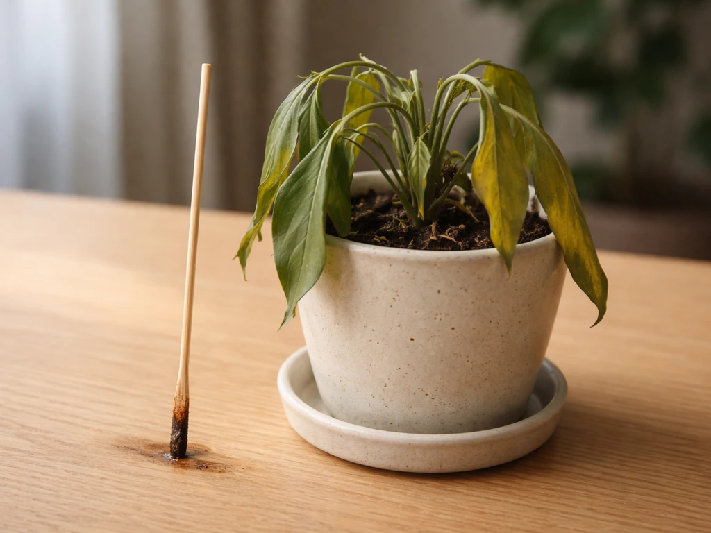 Wilting plant in a small Serenitea pot with a wooden skewer showing a soil-moisture check.