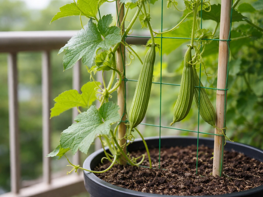 Healthy ridge gourd vines in a balcony pot with a small trellis, young fruits and lush leaves close-up.