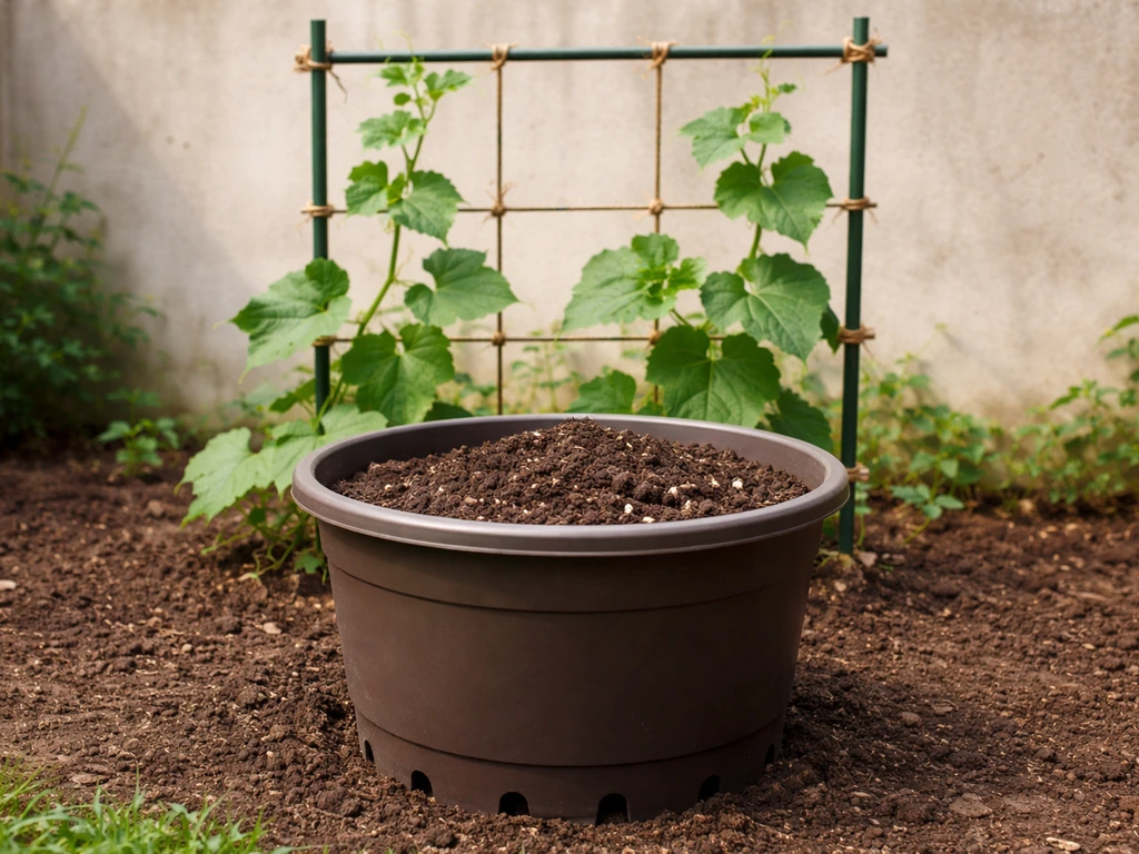 Large pot with drainage holes and a sturdy trellis supporting leafy ridge gourd vines in a backyard