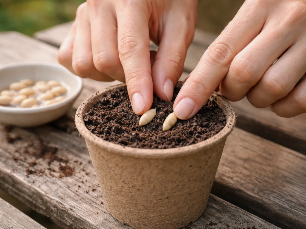 Hands placing pre-soaked ridge gourd seeds into a pot and covering them with soil