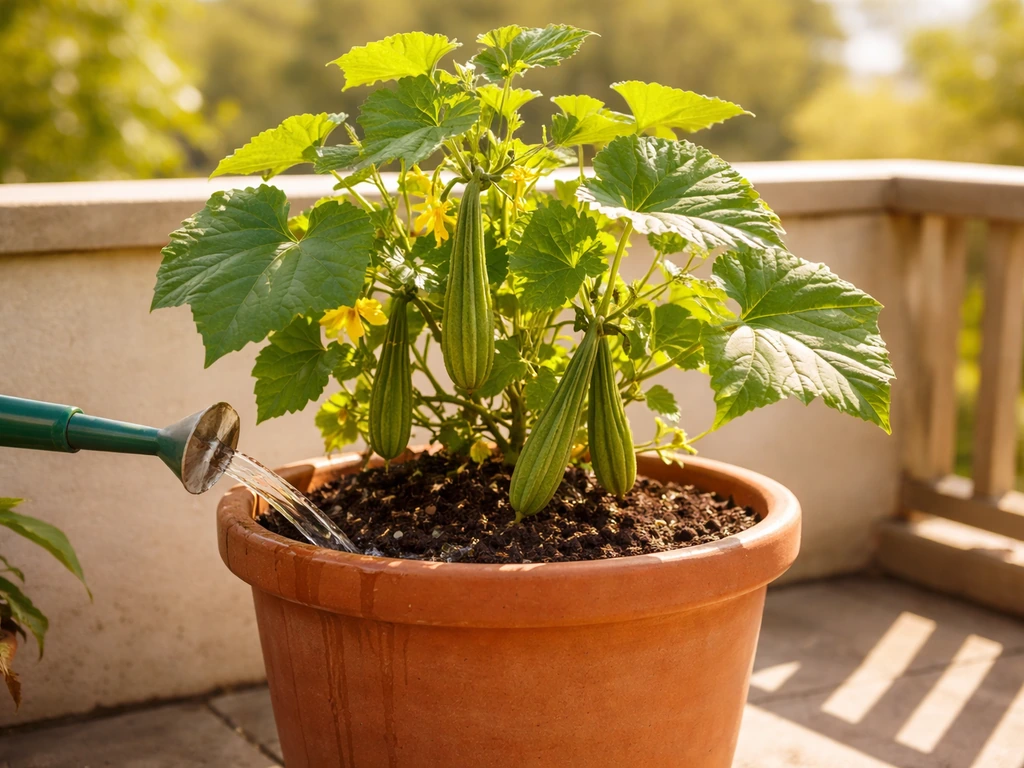 Potted ridge gourd in strong sunlight with gentle watering aimed at the base soil.