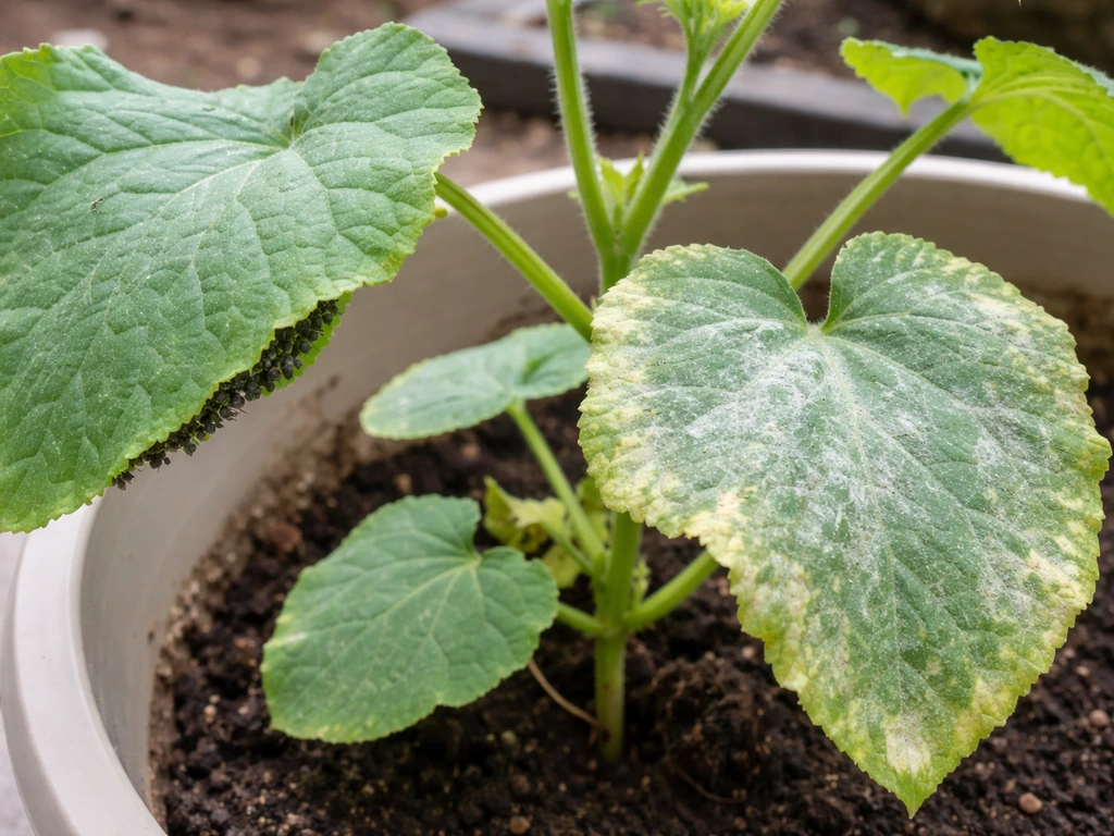 Close-up of ridge gourd leaves showing aphids and powdery mildew on a minimal patio container plant.