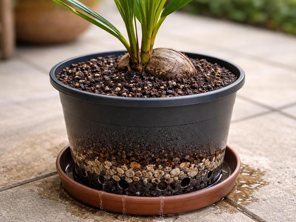 Close-up of a coconut palm pot showing bottom drainage holes and layered potting mix/aggregate.