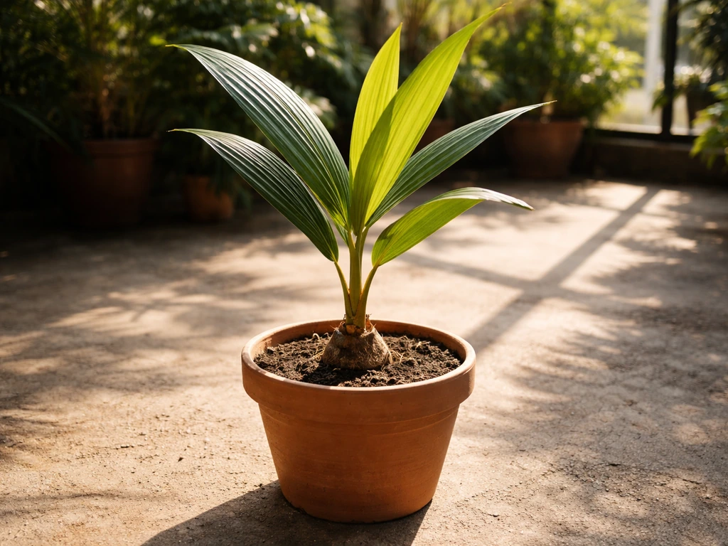 Young potted coconut palm in strong direct sun on a patio or greenhouse floor with warm highlights.