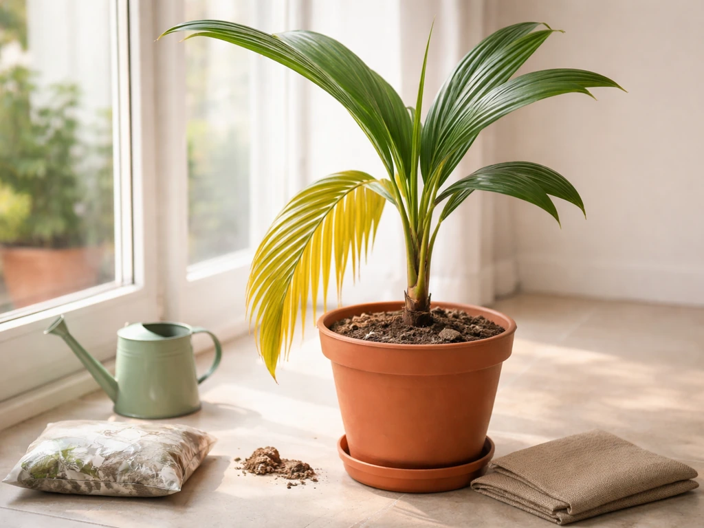 Potted coconut palm on a patio with yellowing frond and simple tools hinting at common fixes.