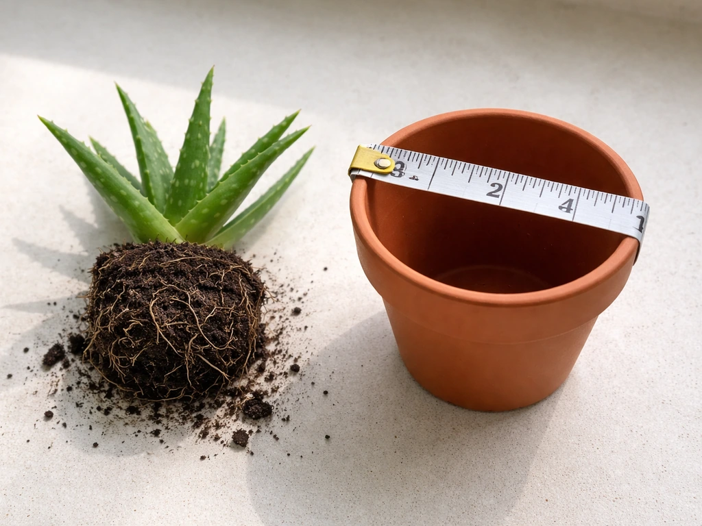 Small aloe vera root ball beside a 4-inch pot measured with a tape measure