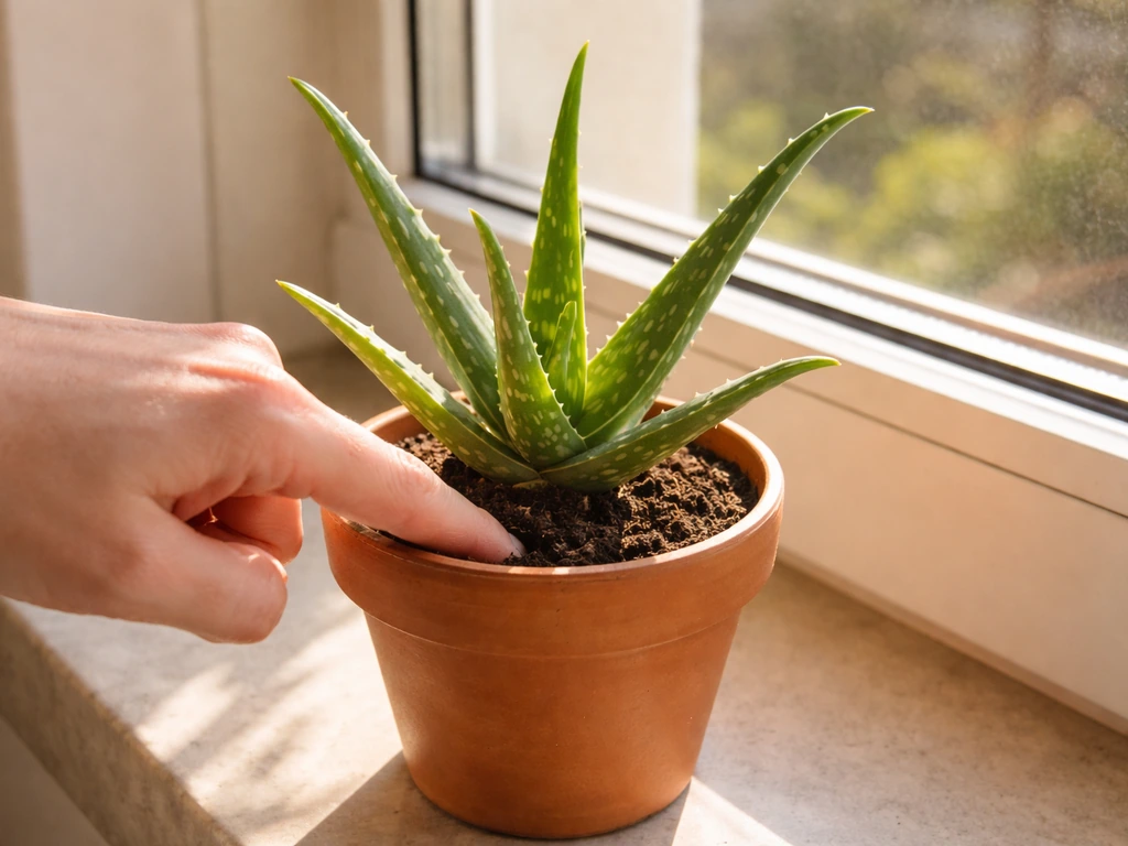 Aloe vera by a sunny south/west window with a hand checking soil moisture near the plant.