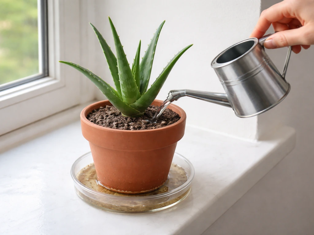 Person waters a potted aloe until it drains from the bottom holes onto a tray