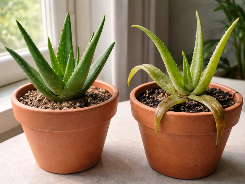 Two potted aloes side by side: one healthy, one with translucent mushy leaves in poorly drained soil