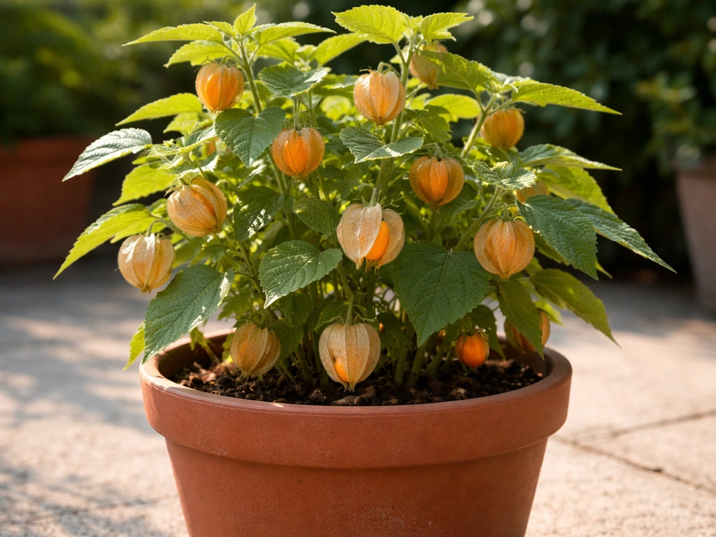 Lush cape gooseberry plant in a terracotta pot with papery husks and golden-orange fruit in sunlight.