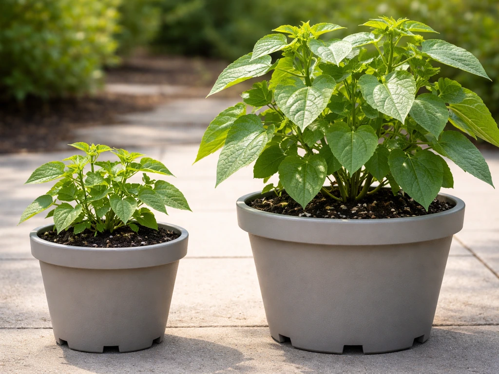 Two cape gooseberry plants in different pot sizes, showing larger pot growth vs stunted growth in a small pot.