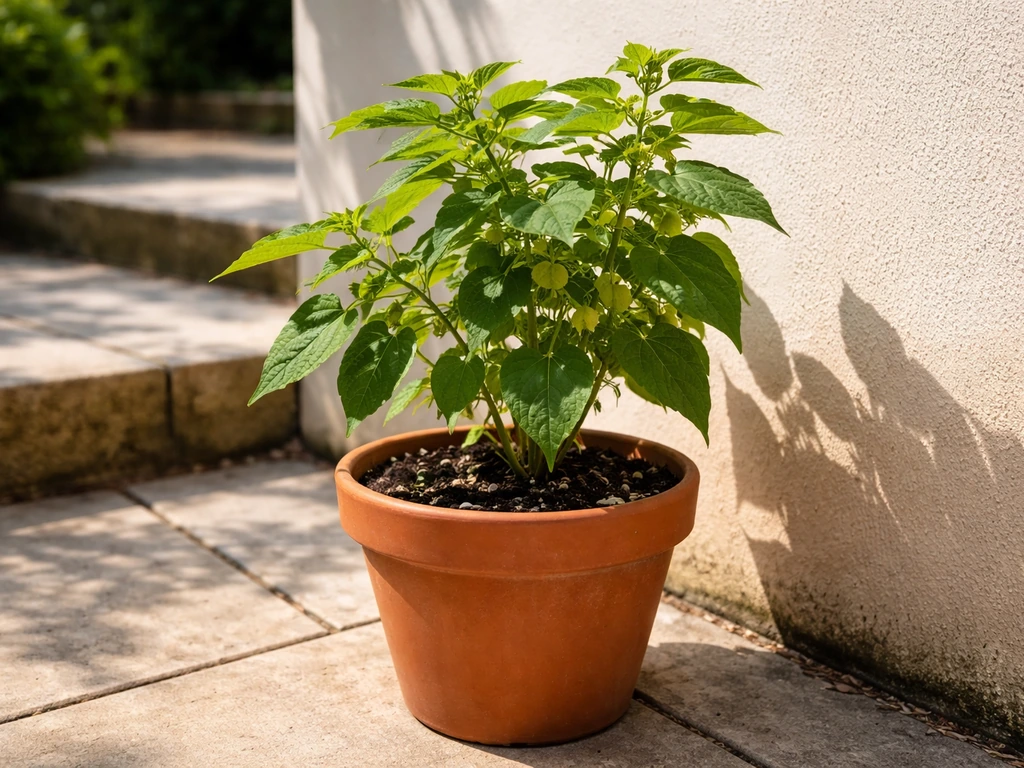 Potted cape gooseberry thriving in a bright, sunny patio spot against a wall