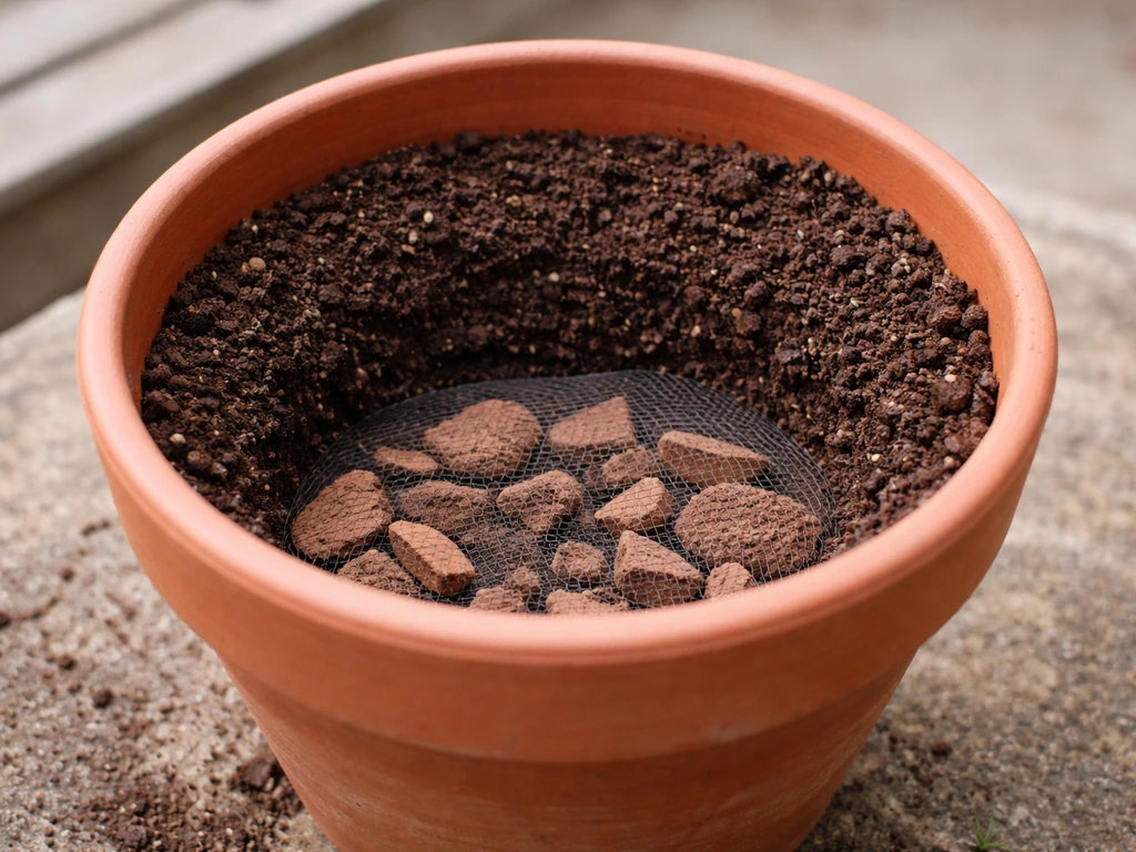 Close-up of a pot bottom with crocks/mesh over drainage holes and peat-free compost ready for planting.