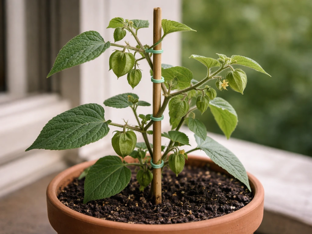 Cape gooseberry pot with a stake/cane support and soft ties training sprawling stems upright