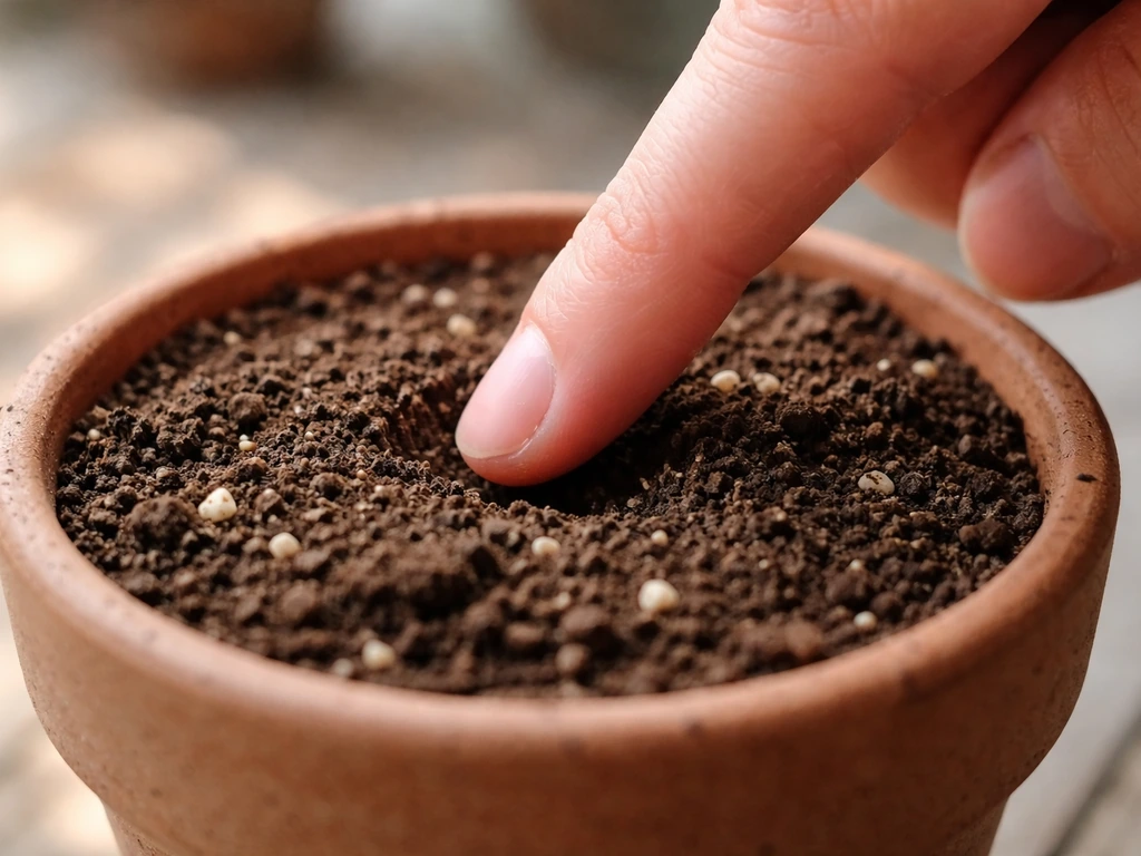 Hand pressing into potting compost to check moisture for wilting cape gooseberry.