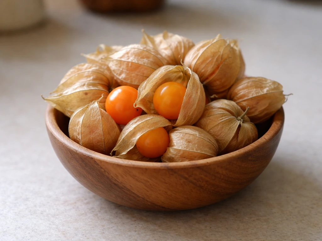 Cape gooseberries in papery husks, straw-coloured, ready for short-term storage.
