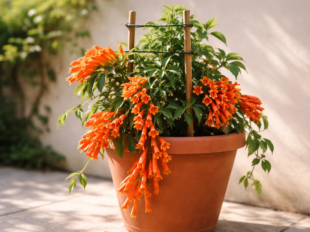 Orange-red flame vine in a pot, its blooms spilling over a small trellis in sunny outdoor light.