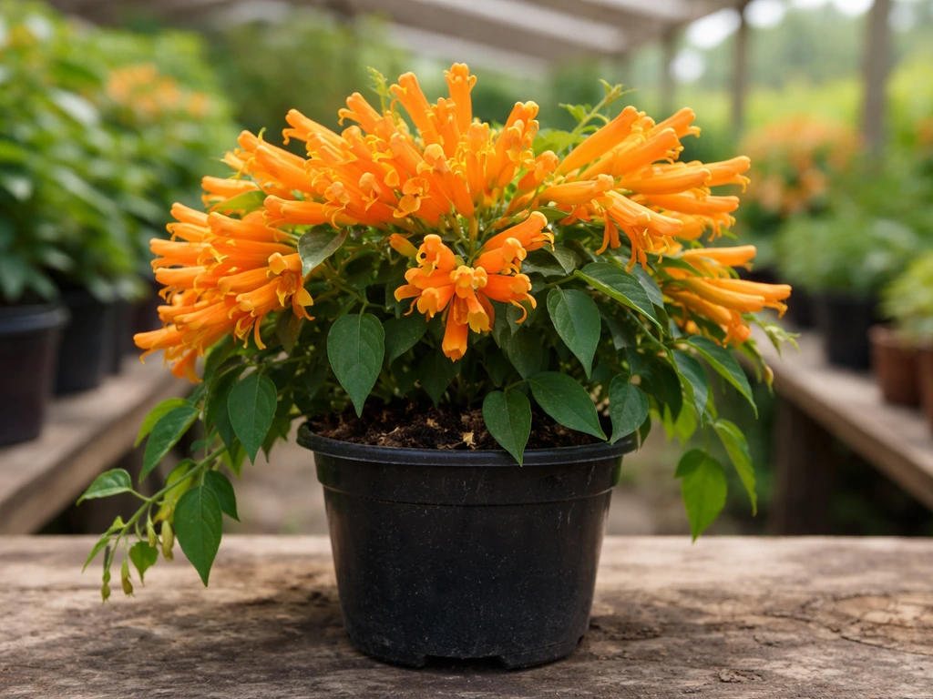 Close-up of Pyrostegia venusta flame vine flowers and leaves in a nursery pot.