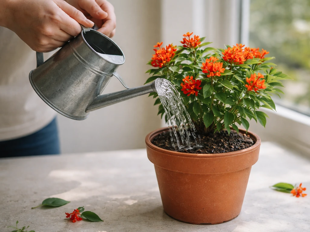 Hands watering a potted flame vine, water soaking into dark soil with the top surface drying slightly.