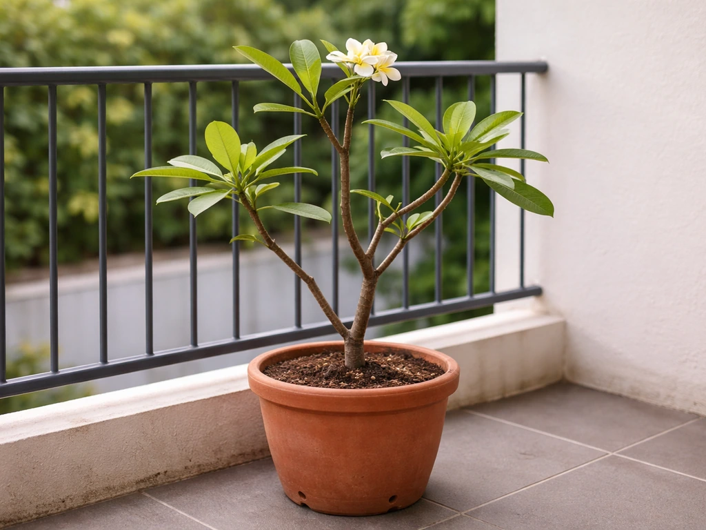 Small potted frangipani on a balcony, showing manageable height and compact container size.