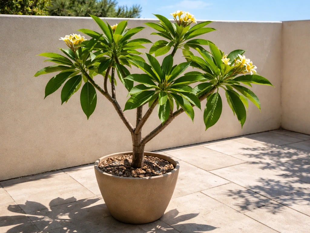 Potted frangipani on a sunny outdoor patio with strong direct light and clear shadows
